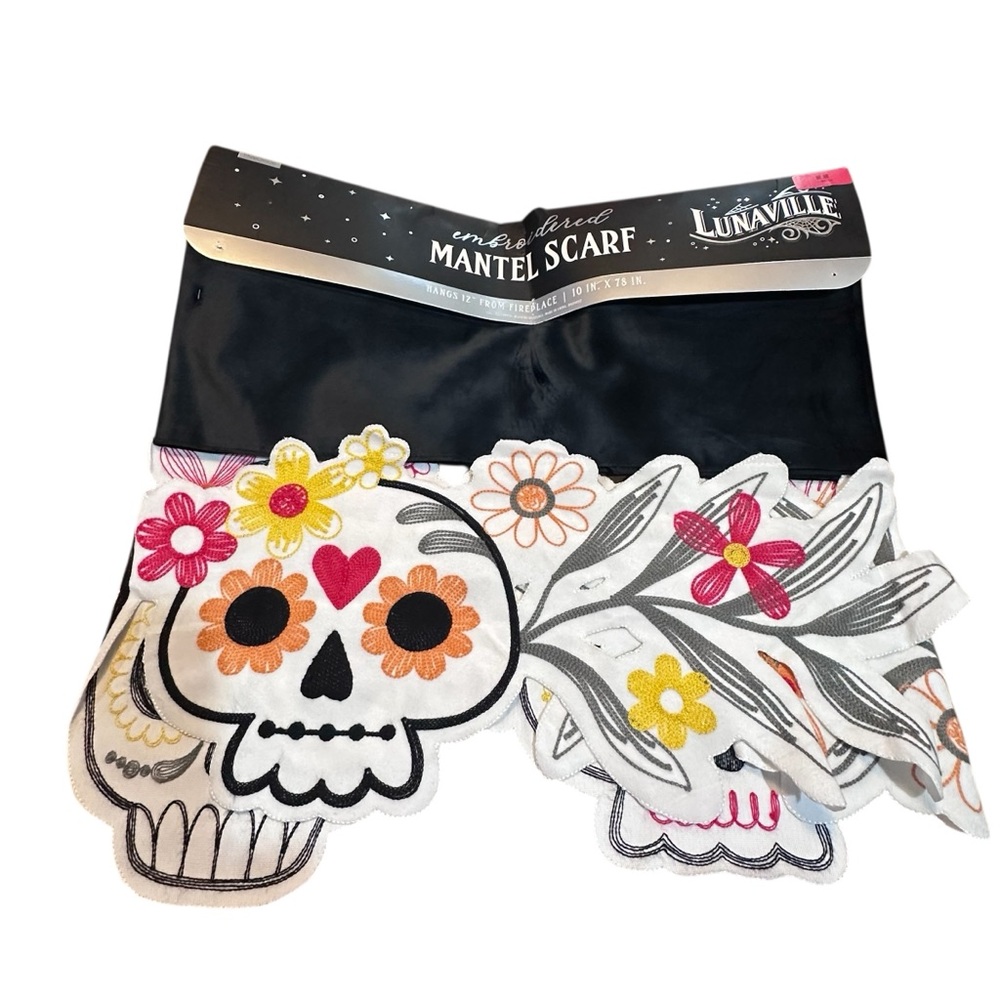Lunaville Embroidered Mantel Scarf Sugar Skull Floral 10” x 78” OEKO-TEX‎ NWT